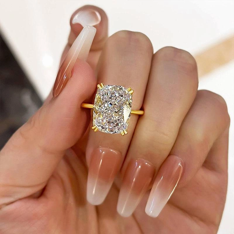 Louily Gorgeous Yellow Gold Cushion Cut Engagement Ring for Women In Sterling Silver Glow Vibe Gleaming Finish