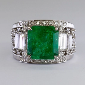 Emerald & Baguette Diamond Ring | 4.64ct, 1.96ctw | SZ 5.75 | Custom Design Pieces Seasonal Look
