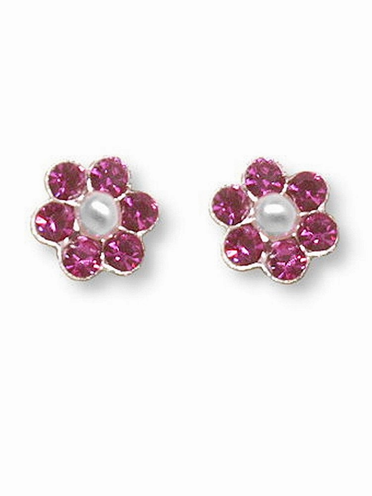 Flower Stud Earrings Pink Crystal and Imitation Pearl Center 5mm Sterling Silver Youthful Glow