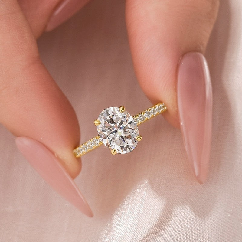 Moissanite 2.0 Ct Oval Cut Yellow Gold Promise Ring For Women Glow Mode