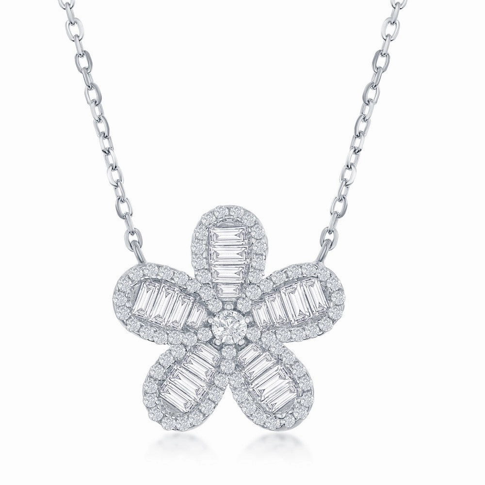 Sterling Silver CZ Baguette Flower Necklace Radiant Piece