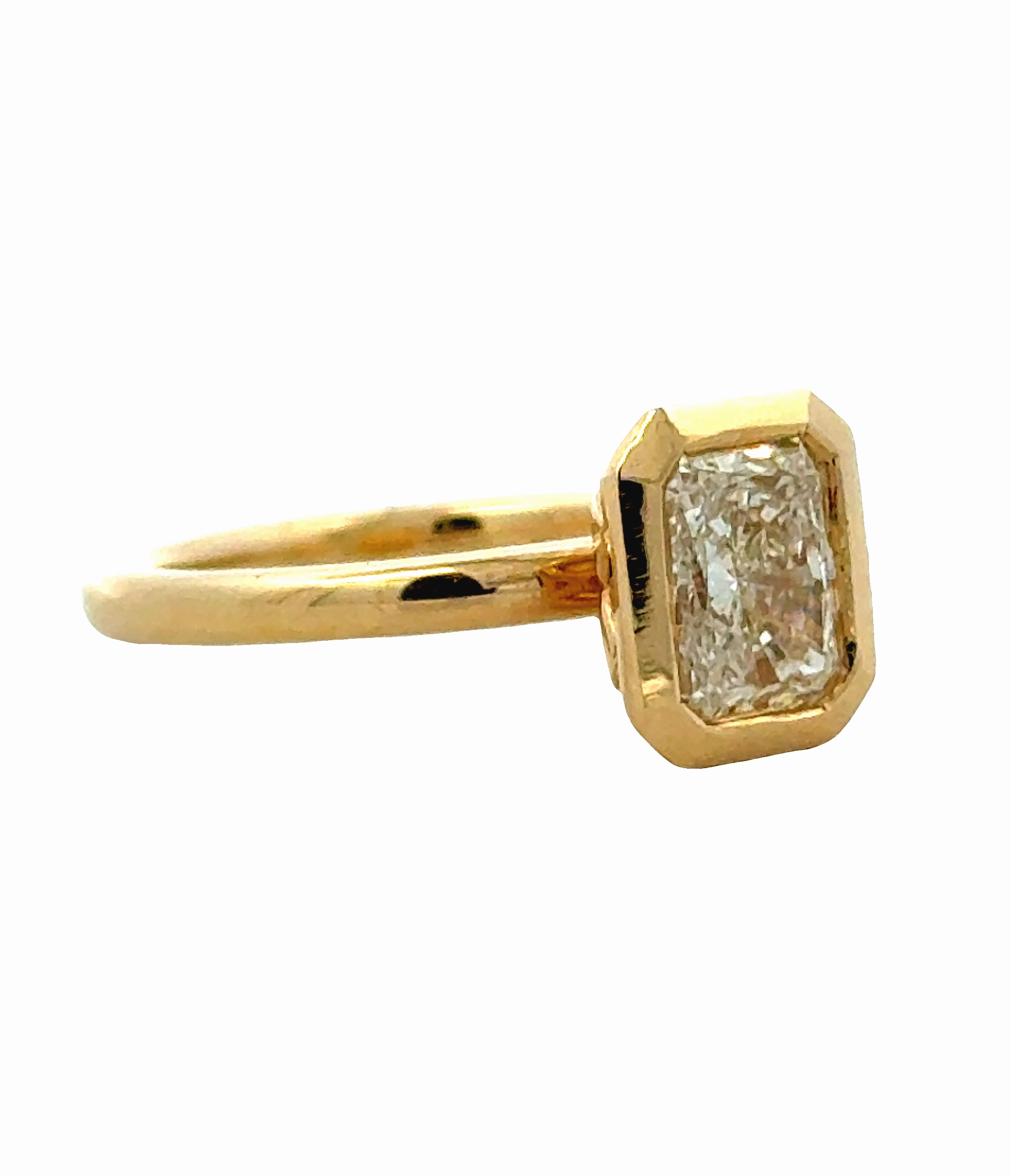 14 Karat Yellow Gold Bezel Set Radiant Cut Engagement Ring Designer Style