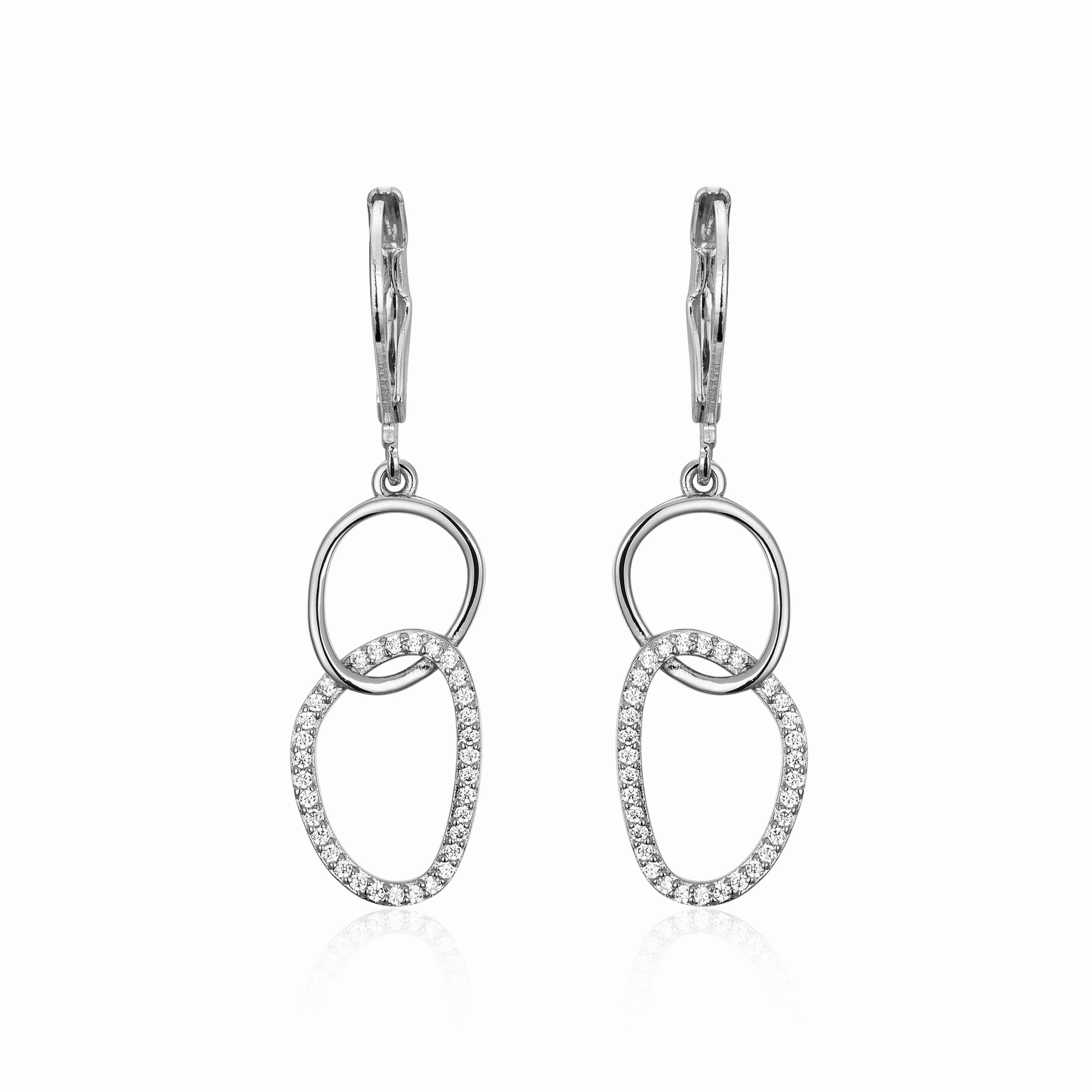 Modern Shine Surgical Steel Half Micropave Double Link Leverback Earrings
