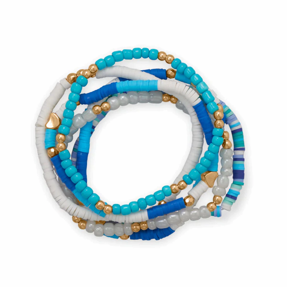 Enduring Charm Friendship Stretch Bracelet Set of Six Blue White Gold Tone Beads