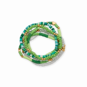 Balanced Detail Friendship Stretch Bracelet Set of Six Green Teal White Gold Tone Beads