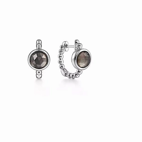 HighEnd Style Sterling Silver 15mm Rock Crystal & Black Mother of Pearl Huggie Earrings