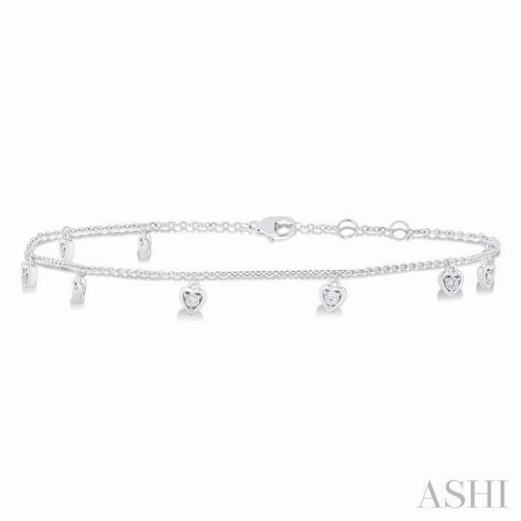 everyday staple 1/10 Ctw Heart Charm Round Cut Diamond Station Anklet in 10K White Gold