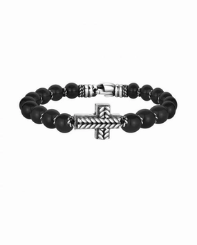Gents Black Bead Bracelet with Sterling Silver Cross Cheerful Coincidence
