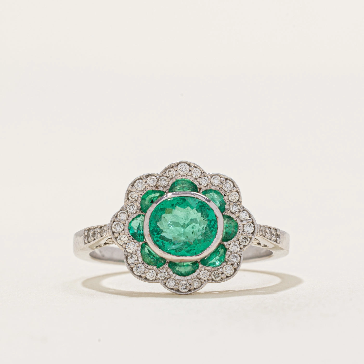 Daytime Sparkle Muted Elegance GIA Emerald & Diamond Halo Ring | 1.21ctw, 0.20ctw | SZ 6.75