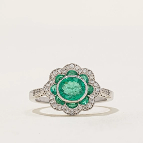 Daytime Sparkle Muted Elegance GIA Emerald & Diamond Halo Ring | 1.21ctw, 0.20ctw | SZ 6.75