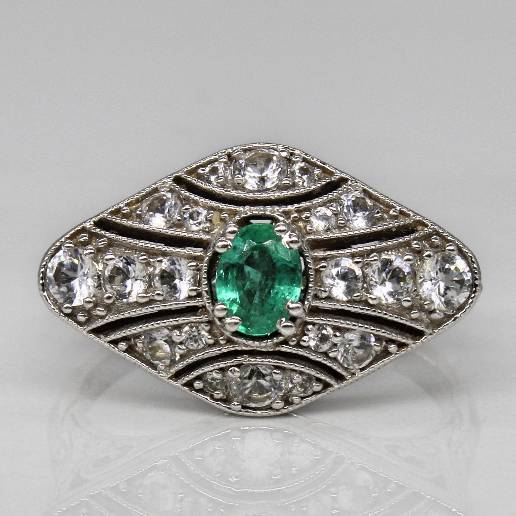 Stylish Element Bridal Style White Sapphire & Emerald Art Deco Inspired Ring | 0.56ctw, 0.20ct | SZ 8.75 |