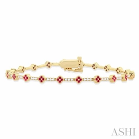 1 MM Round Shape Ruby and 1/2 Ctw Clover Leaf & Bar Link Round Cut Diamond Precious Bracelet in 14K Yellow Gold Main Detail