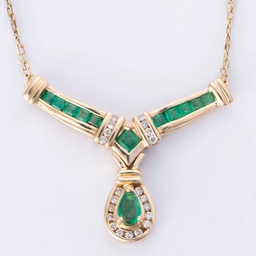 Charming Detail Urban Flair 14k Yellow Gold Diamond Emerald Necklace | 0.15ctw, 0.75ctw | 16.5"