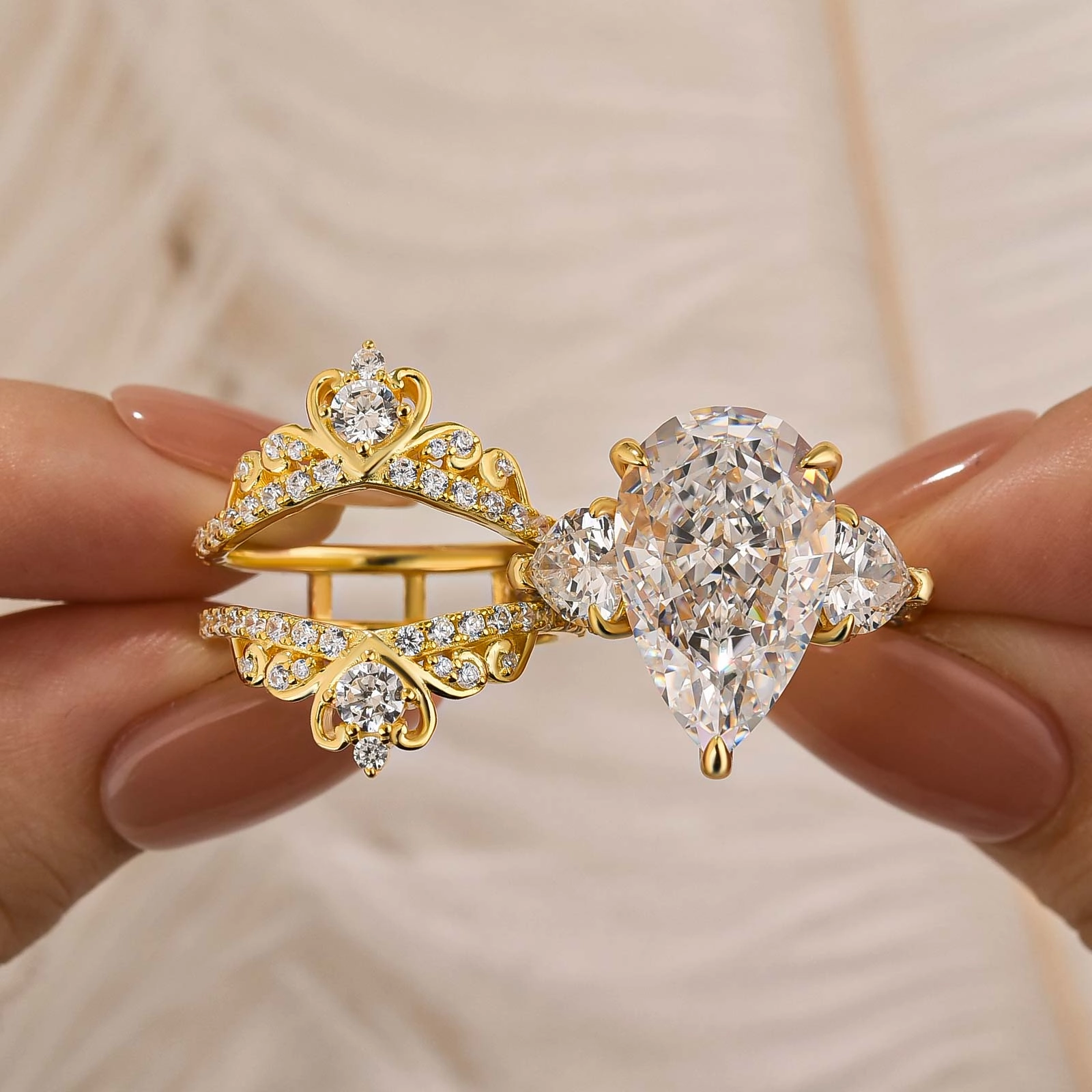 Sweet Detail Office Vibe 8.0 Carat Pear Cut Three Stone Insert Wedding Ring Set With Engagement Ring Enhancer