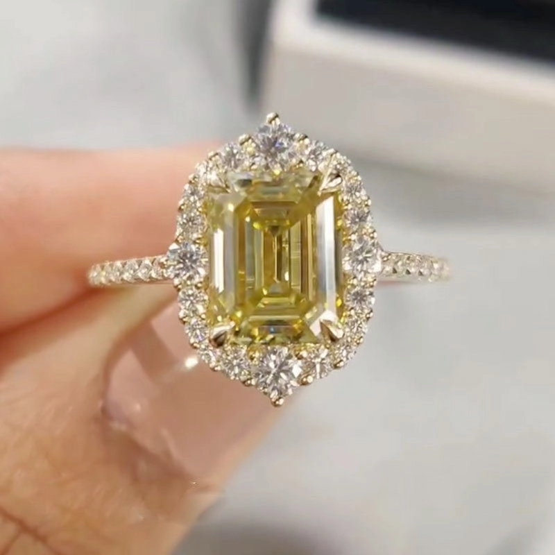 Vintage 3.5Ct Emerald Cut Yellow Stone Engagement Ring In Sterling Silver Petite Edge