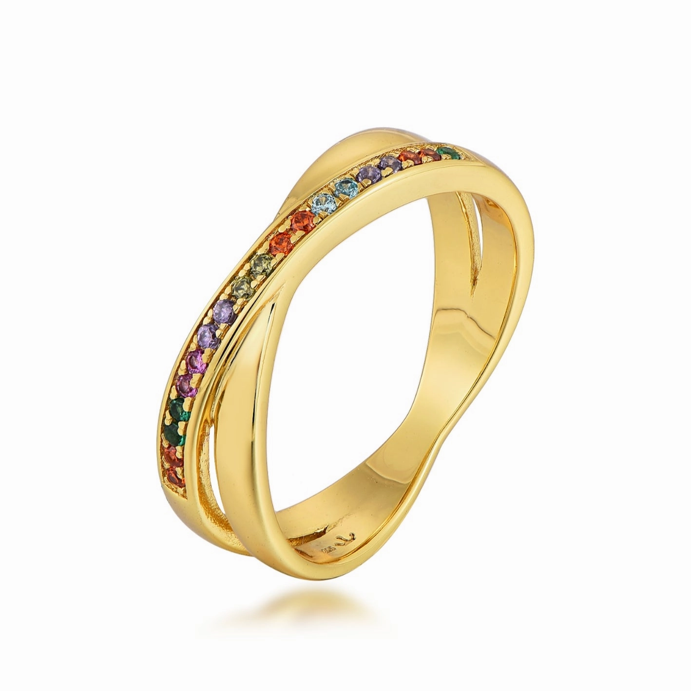 Gold Plated Sterling Silver Micropave Crossover Multicolor CZ Ring Shiny Style Graceful Line