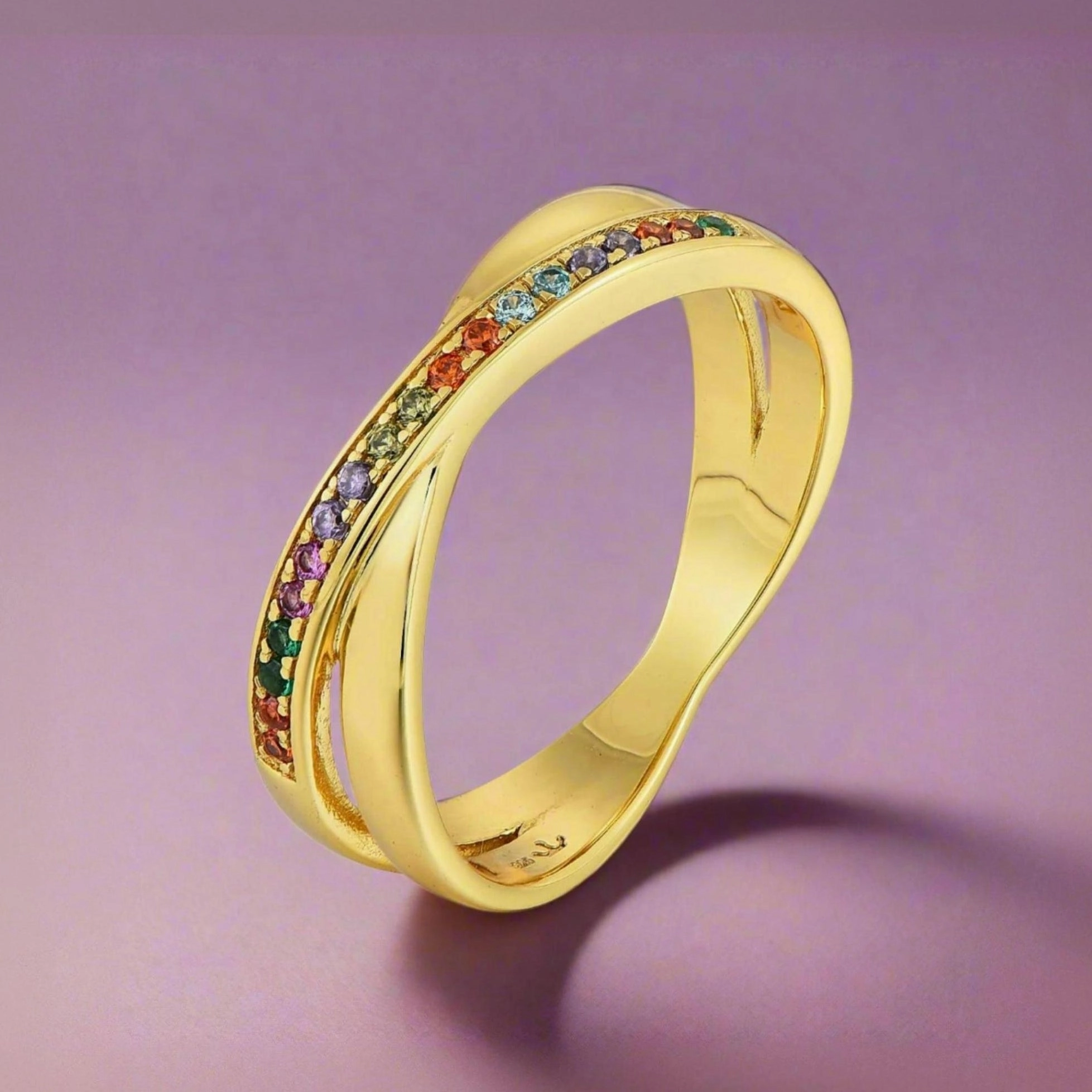 Gold Plated Sterling Silver Micropave Crossover Multicolor CZ Ring Signature Form Daily Accessories
