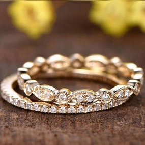 Louily Yellow Gold Full Eternity Art Deco Stackable Wedding Band Set Stylish Look Red Carpet