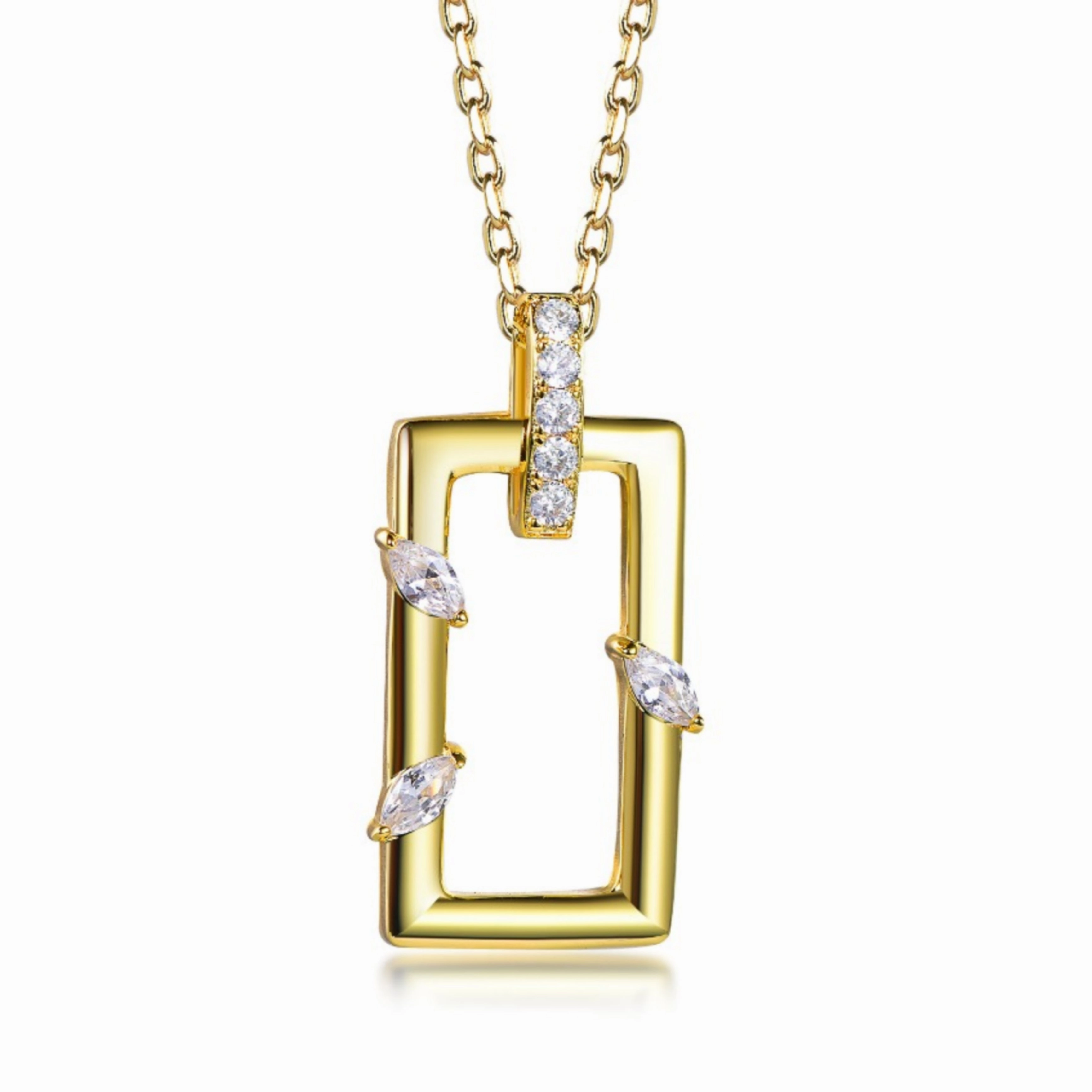 Fashion Style Gold Plated Sterling Silver Rectangular with Marquis and Round Jewel Accents Pendant Necklace