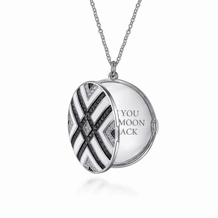 Shiny Item Evening Outfit Sterling Silver White Sapphire & Black Spinel Enamel Round Locket with 24" Chain