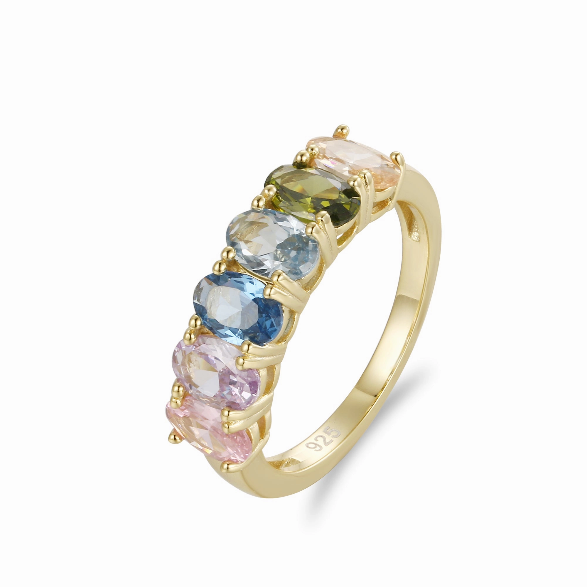 Gold Plated Sterling Silver Multicolor Oval Eternity Band Ring Bold Finish Shiny Embellishments