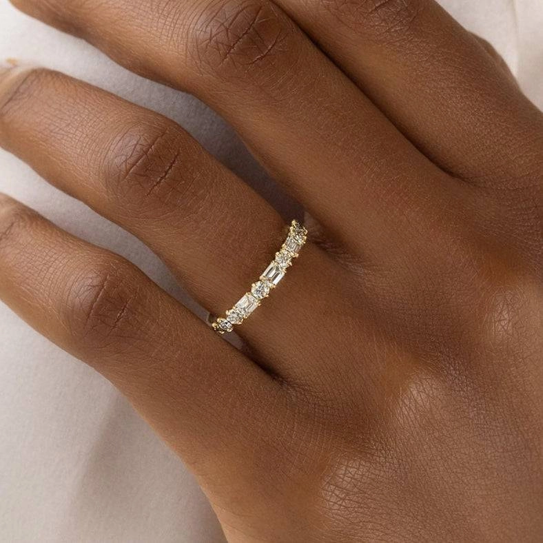 Louily Fashion Yellow Gold Half Emerald & Round Cut Diamond Wedding Band In Sterling Silver Iconic Touch Classy Accent