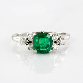 Versatile Fit Gift Moment 'Birks' Retro Modified Cushion Cut Emerald Ring | 0.43ct Emerald, 0.24ctw Diamonds | SZ 7.25