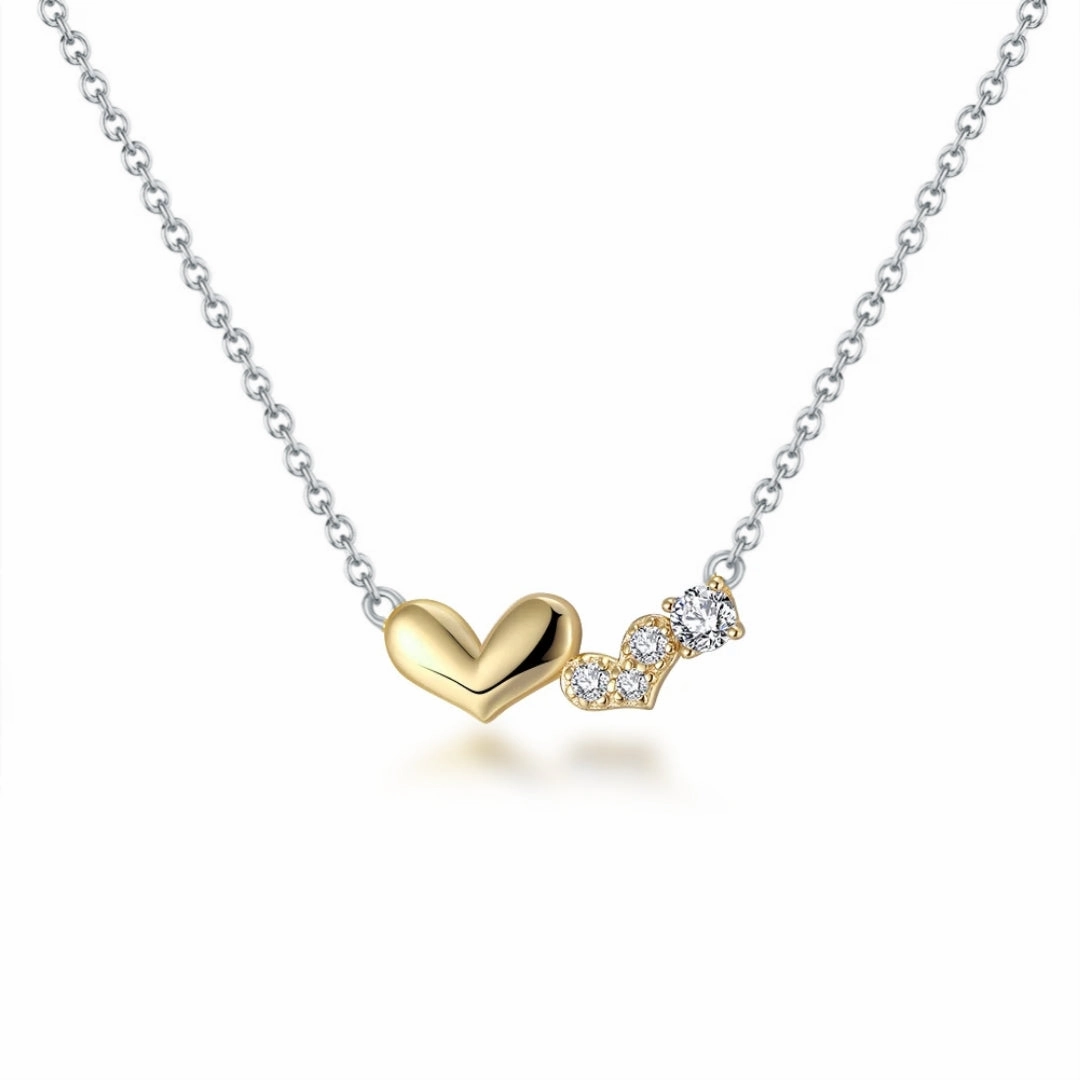 Sterling Silver Gold Plated Double Heart On Rhodium Chain Necklace Chic Finish Birthday Style