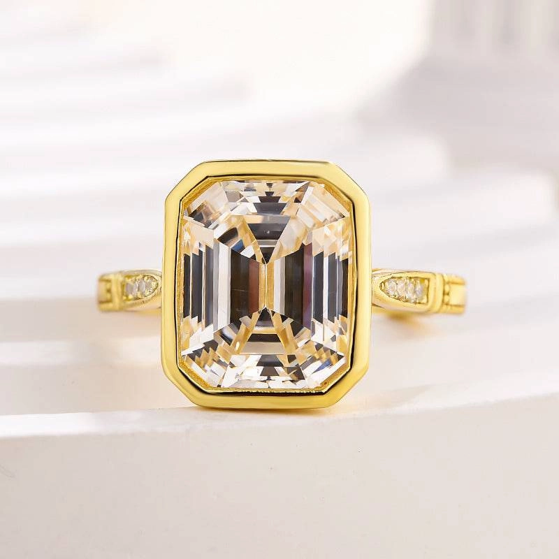 Glossy Look Louily Luxurious Yellow Gold Emerald Cut Bezel Engagement Ring In Sterling Silver