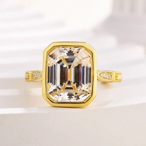 Glossy Look Louily Luxurious Yellow Gold Emerald Cut Bezel Engagement Ring In Sterling Silver
