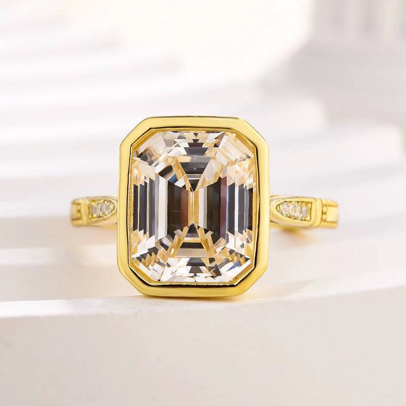 Louily Luxurious Yellow Gold Emerald Cut Bezel Engagement Ring In Sterling Silver Sparkling Shine Pieces Camera Focus