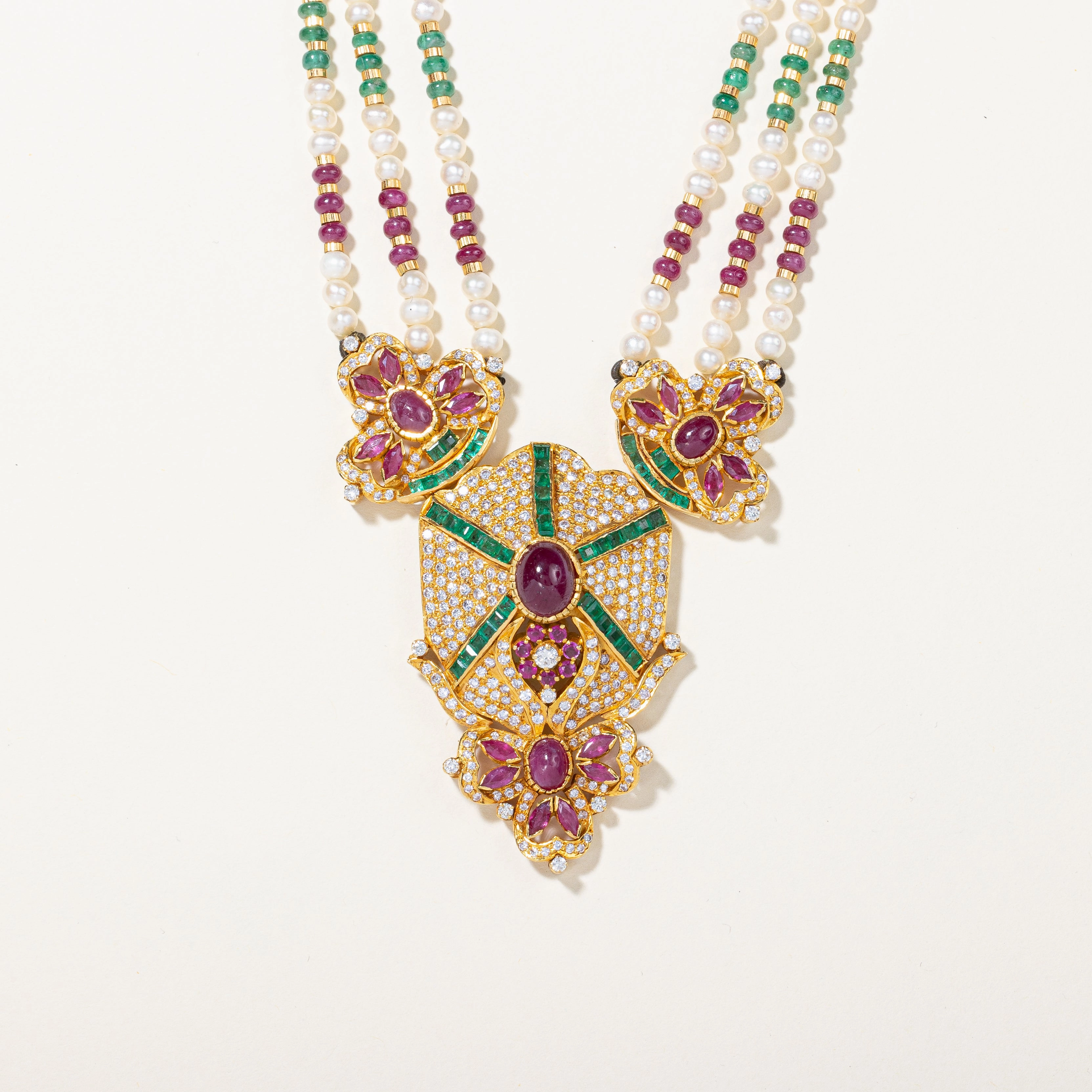 Ruby Diamond Emerald and Pearl Necklace | 14.51ctw | 18" | Iconic Accent