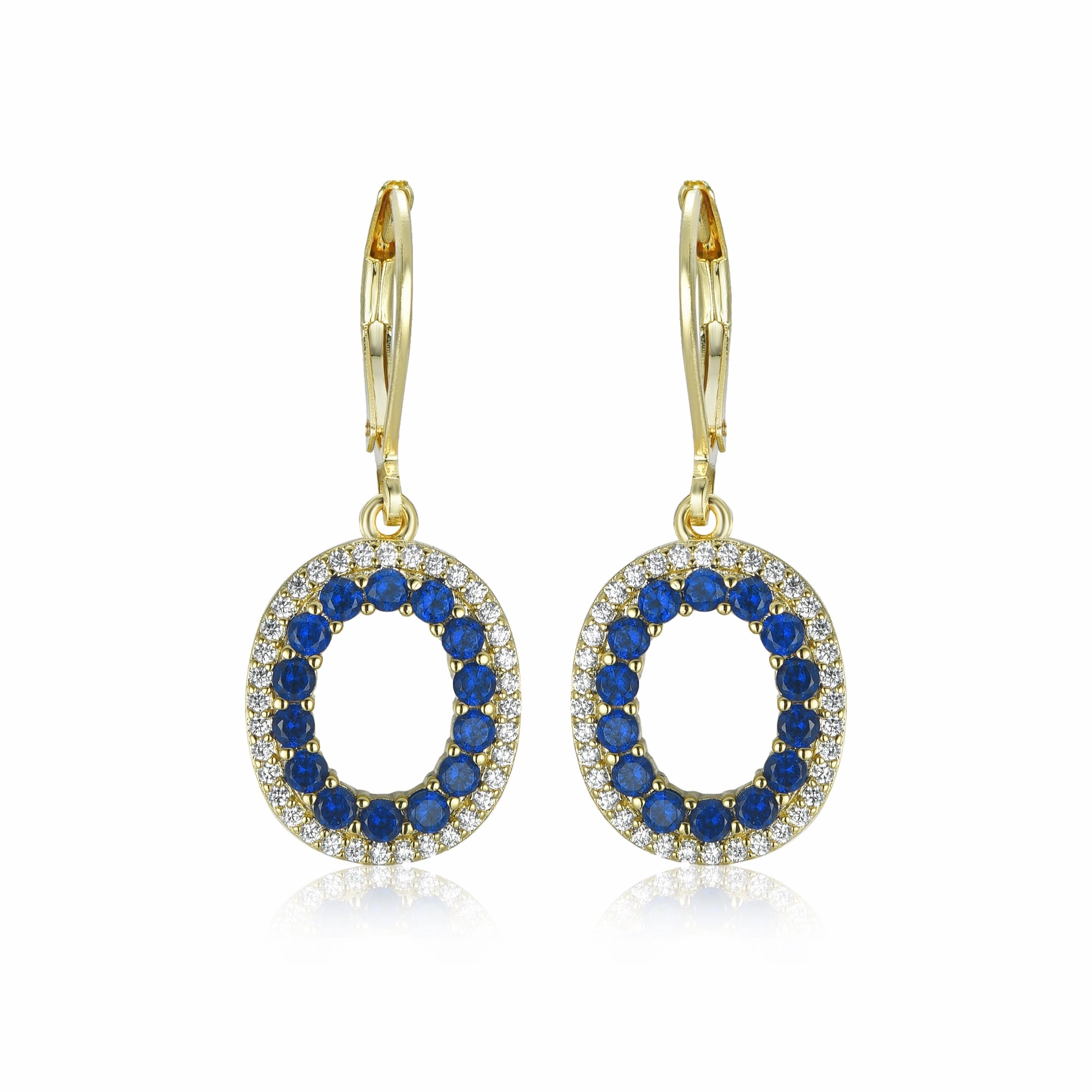 Urban Pop Luxe Look Gold-Plated Hanging Oval with Sapphire CZs on Surgical Leverback Earrings