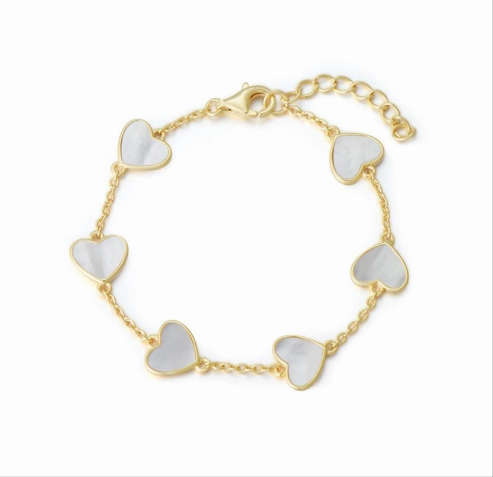 Gold Plated or Rhodium Plated Sterling Silver Mother of Pearl Heart Bracelet Sparkling Jewelry Glow Accent