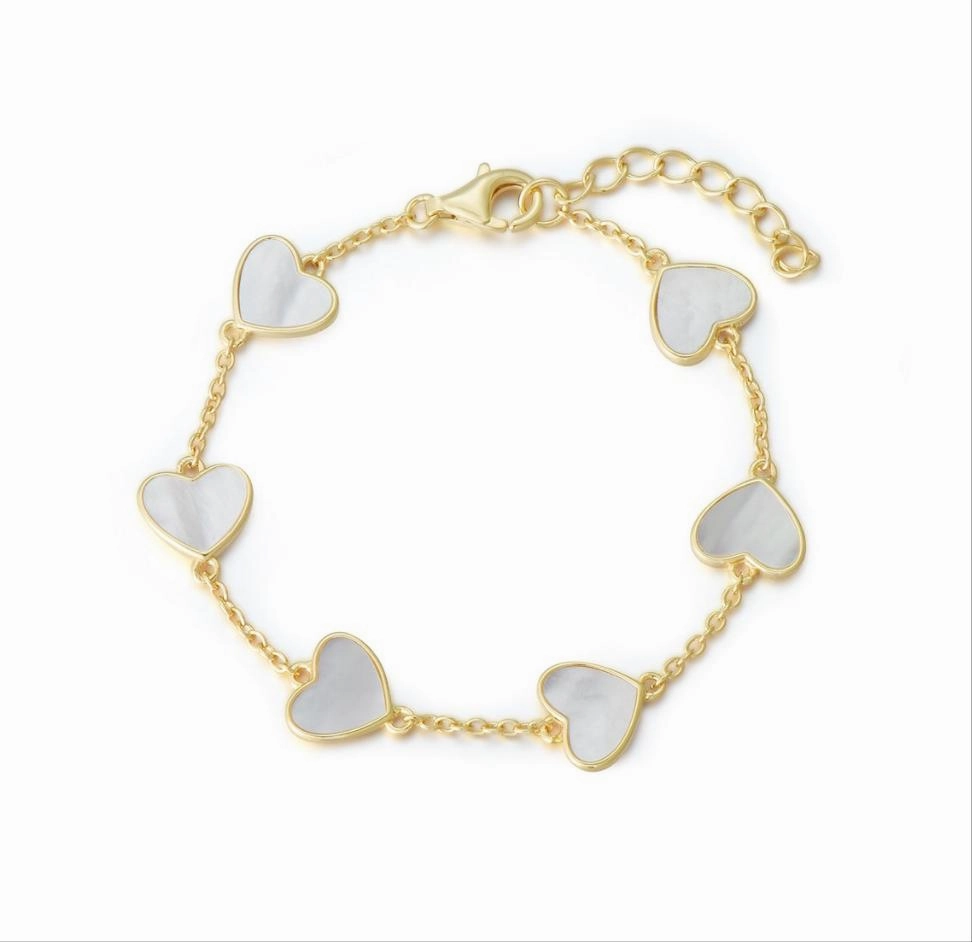Fashionable Finish Stylish Layer Gold Plated or Rhodium Plated Sterling Silver Mother of Pearl Heart Bracelet