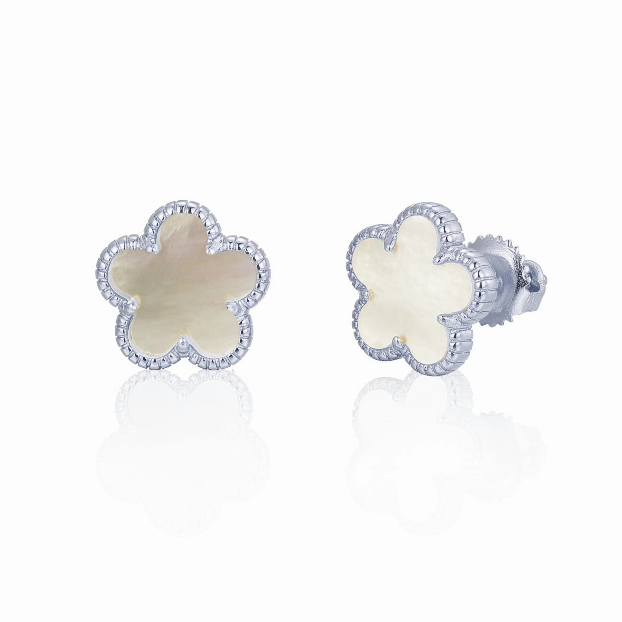 Elegant Radiance Fashionable Look Gold Plated or Rhodium Plated Surgical Steel Flower 5 Petal Stud Earrings