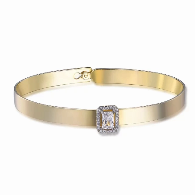 Luxurious Craft Gold Plated Sterling Silver Bangle Bracelet with Rectangle CZ Center Piece