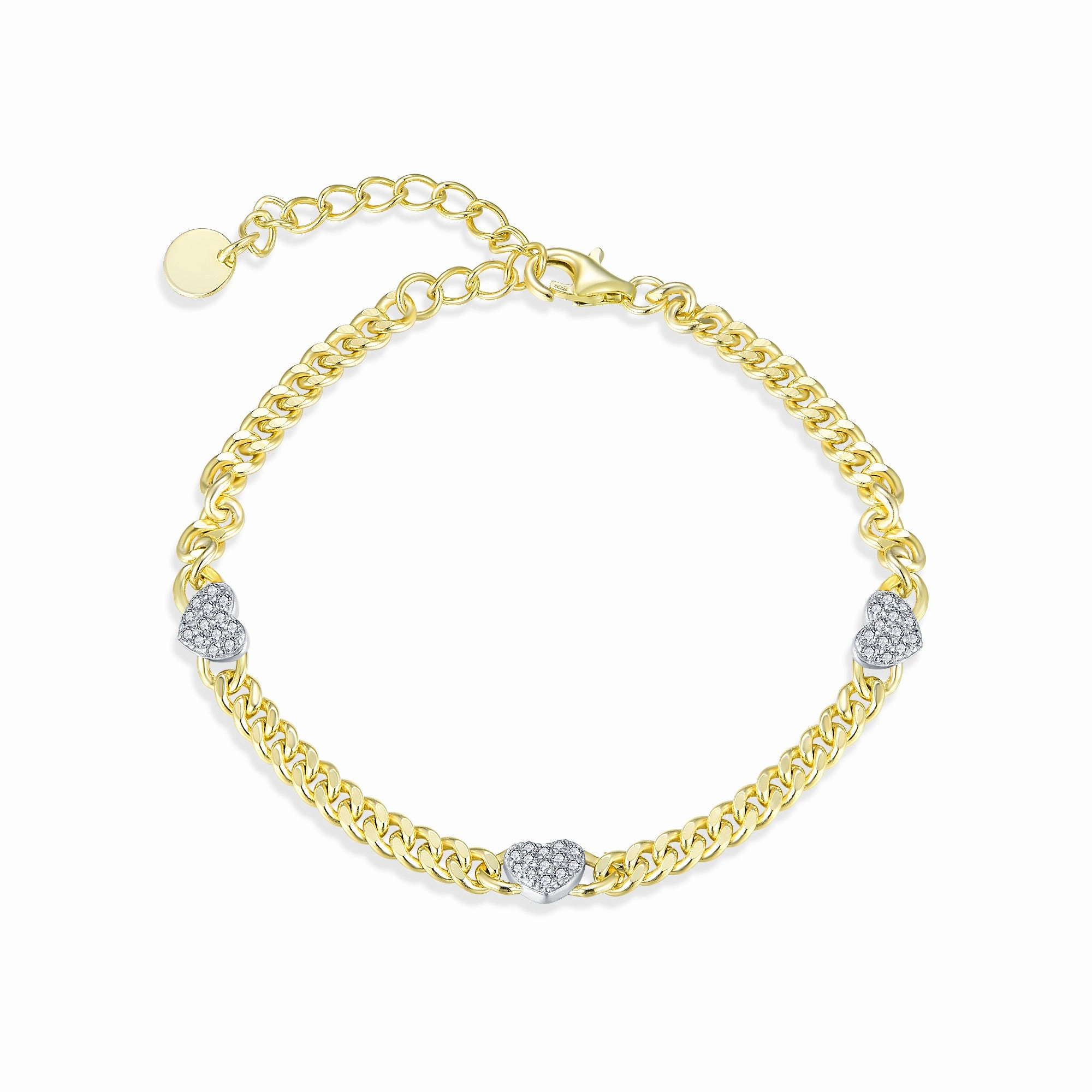 Sleek Outline Gold-plated Sterling Silver Cuban Chain With Three Micropave Hearts Bracelet
