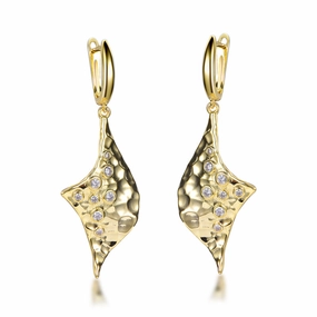 Sleek Feature Gold Plated Sterling Silver CZ Accent Hammered Gold Drop Earrings