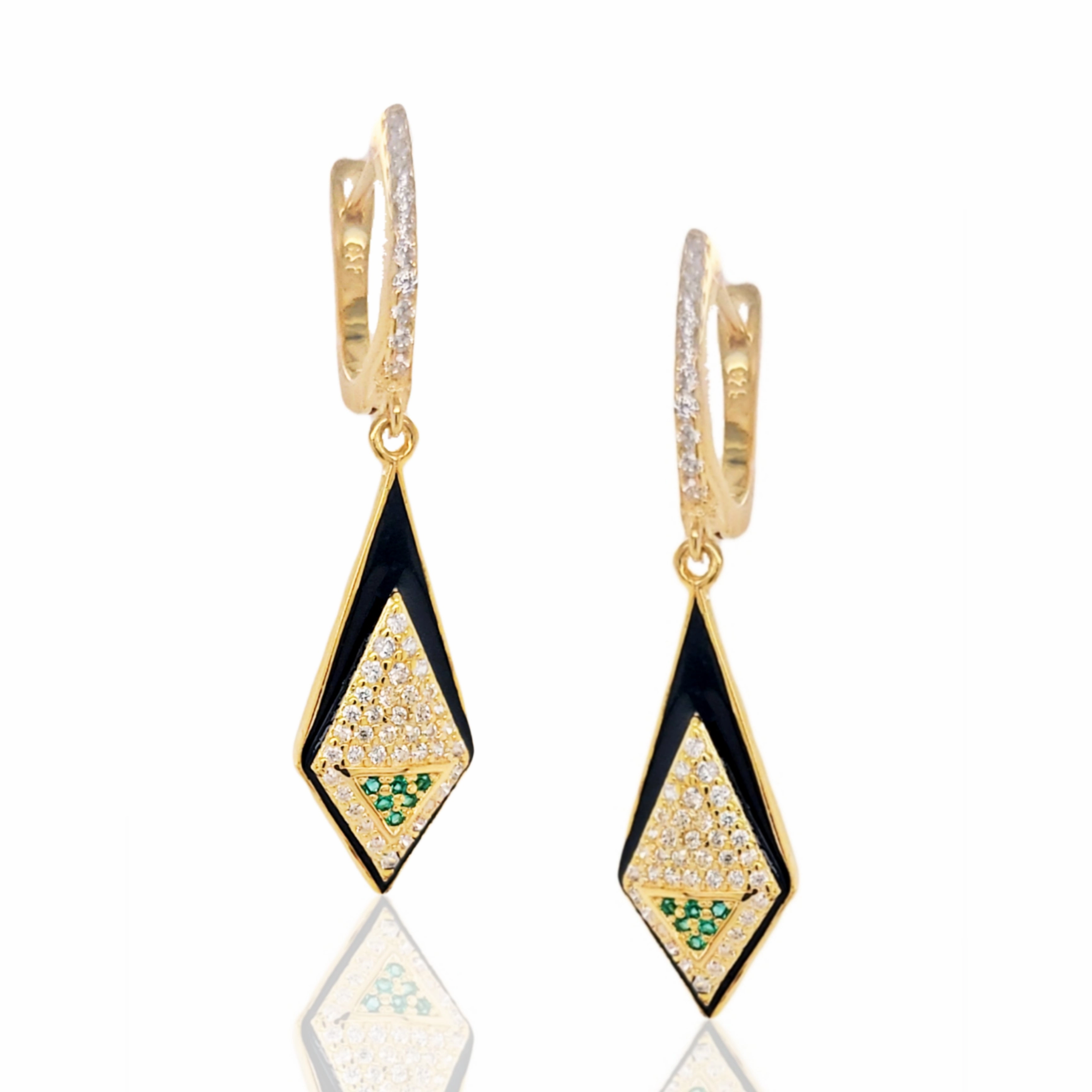Gold Plated Sterling Silver CZ And Green Spinel Kite Shaped Earrings Effortless Chic