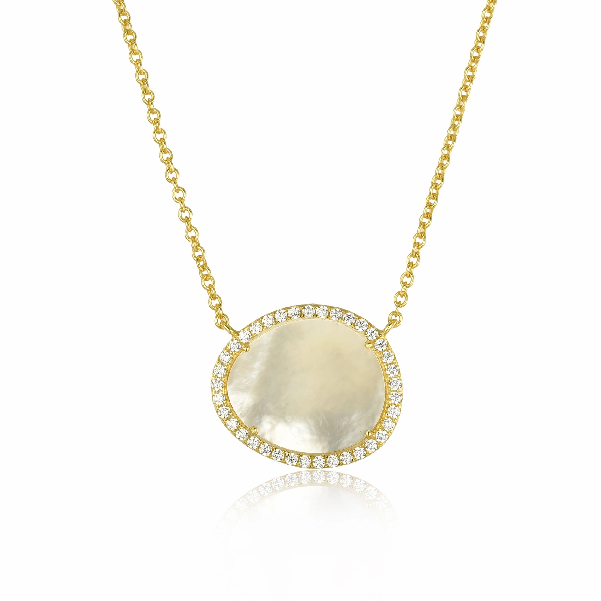 Radiant Texture Gold Plated Sterling Silver CZ Border With Mother of Pearl Natural Shape Necklace