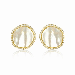 Gold-Plated Sterling Silver CZ Border With Mother of Pearl Natural Shape Stud Earrings Work Ready feminine grace