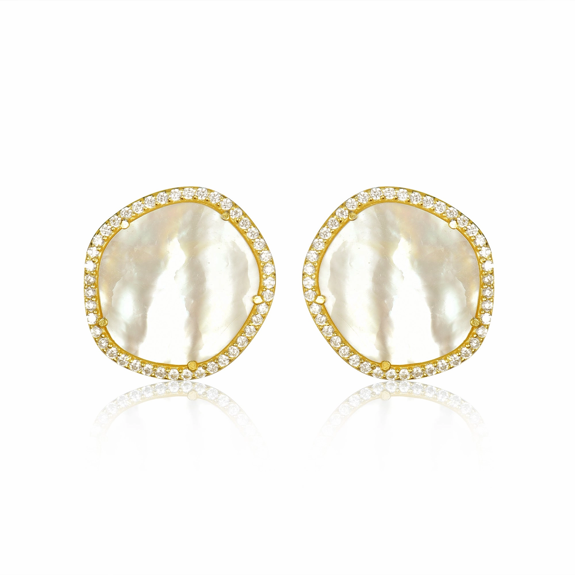Gold-Plated Sterling Silver CZ Border With Mother of Pearl Natural Shape Stud Earrings Work Ready feminine grace