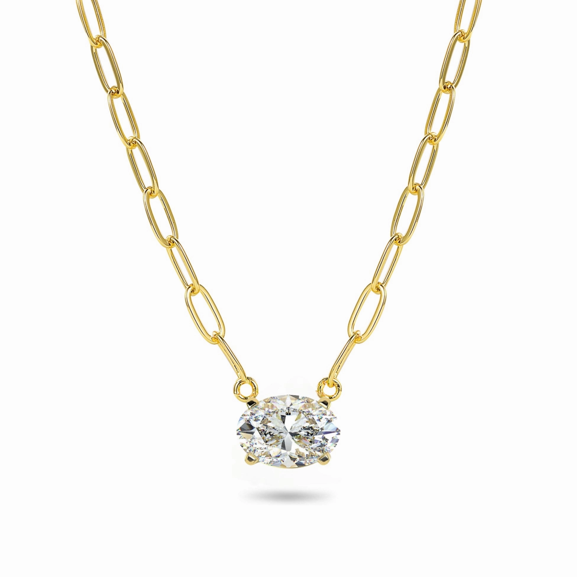 Gold-plated Sterling Silver CZ Solitaire Necklace on Paperclip Chain Elegant flair