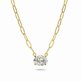 Gold-plated Sterling Silver CZ Solitaire Necklace on Paperclip Chain Elegant flair