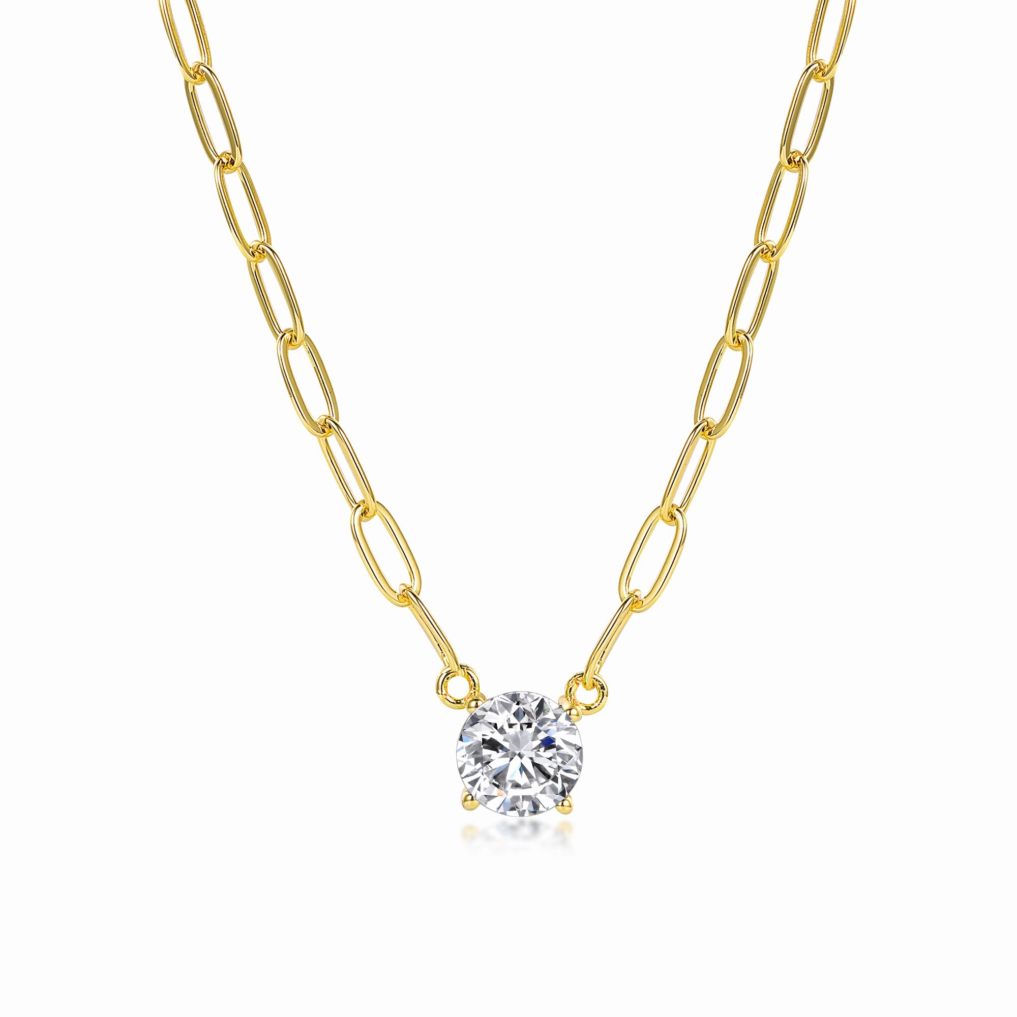 Gold-plated Sterling Silver CZ Solitaire Necklace on Paperclip Chain Clean Lines Luxury Casual