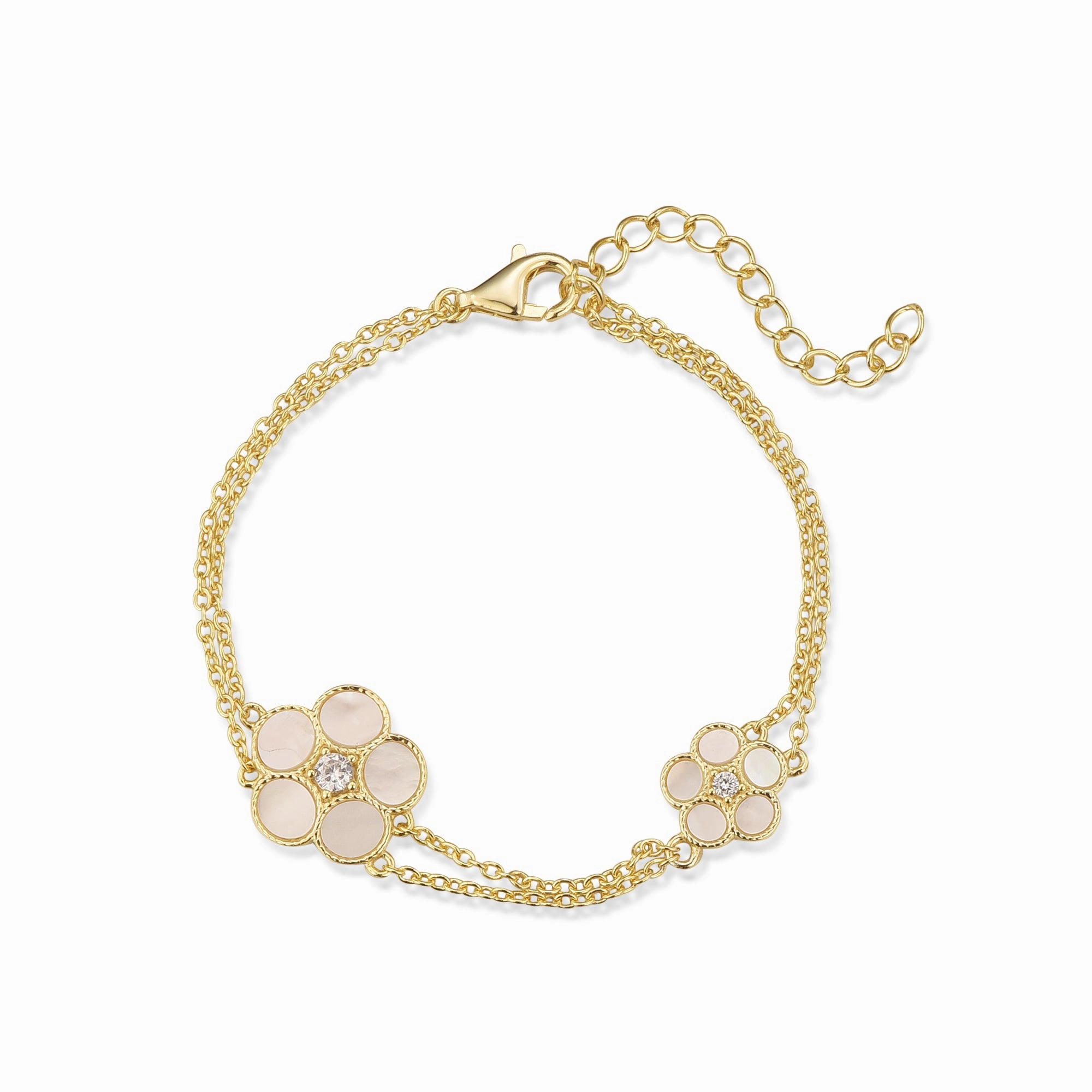 Splendid Shine Gold-plated Sterling Silver Double Chain With Mother of Pearl Flowers Bracelet