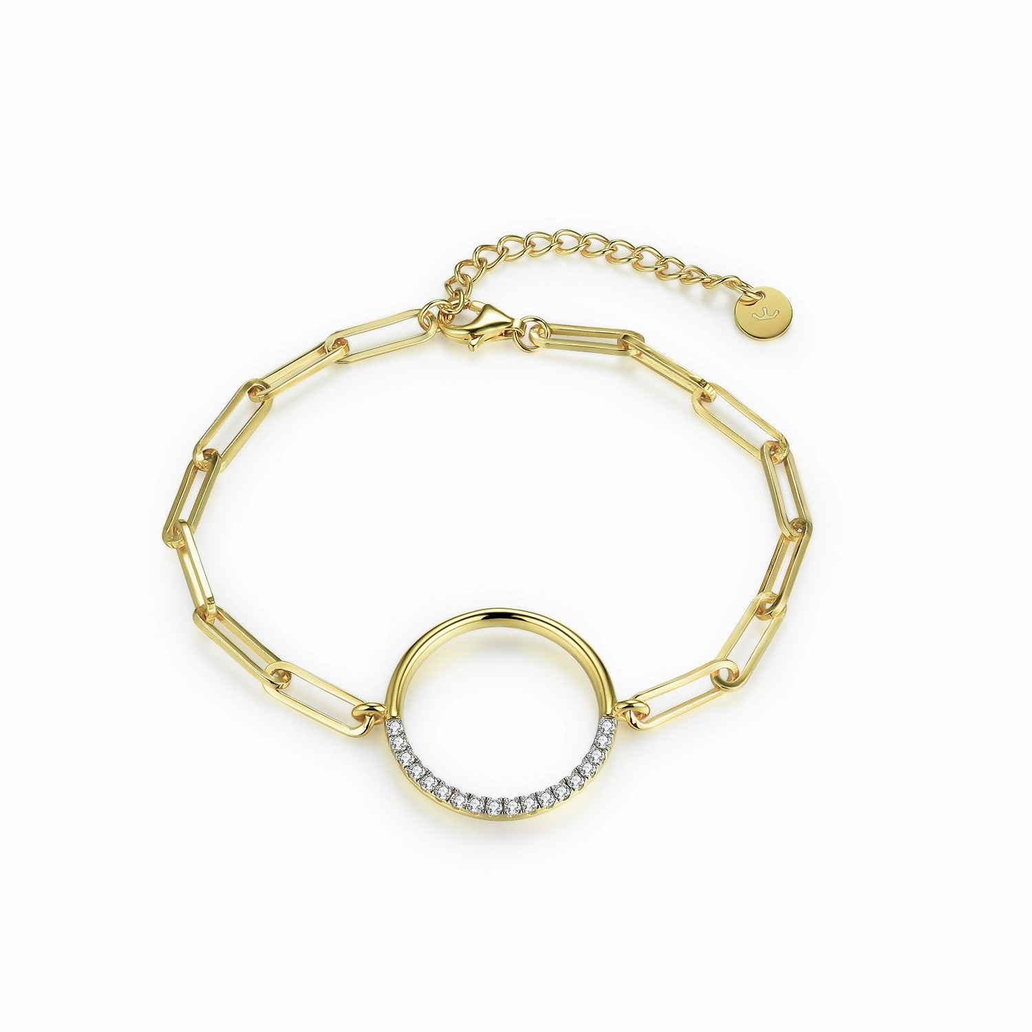Gold-Plated Sterling Silver Half CZ Circle Bracelet on Paperclip Chain Radiant Pieces