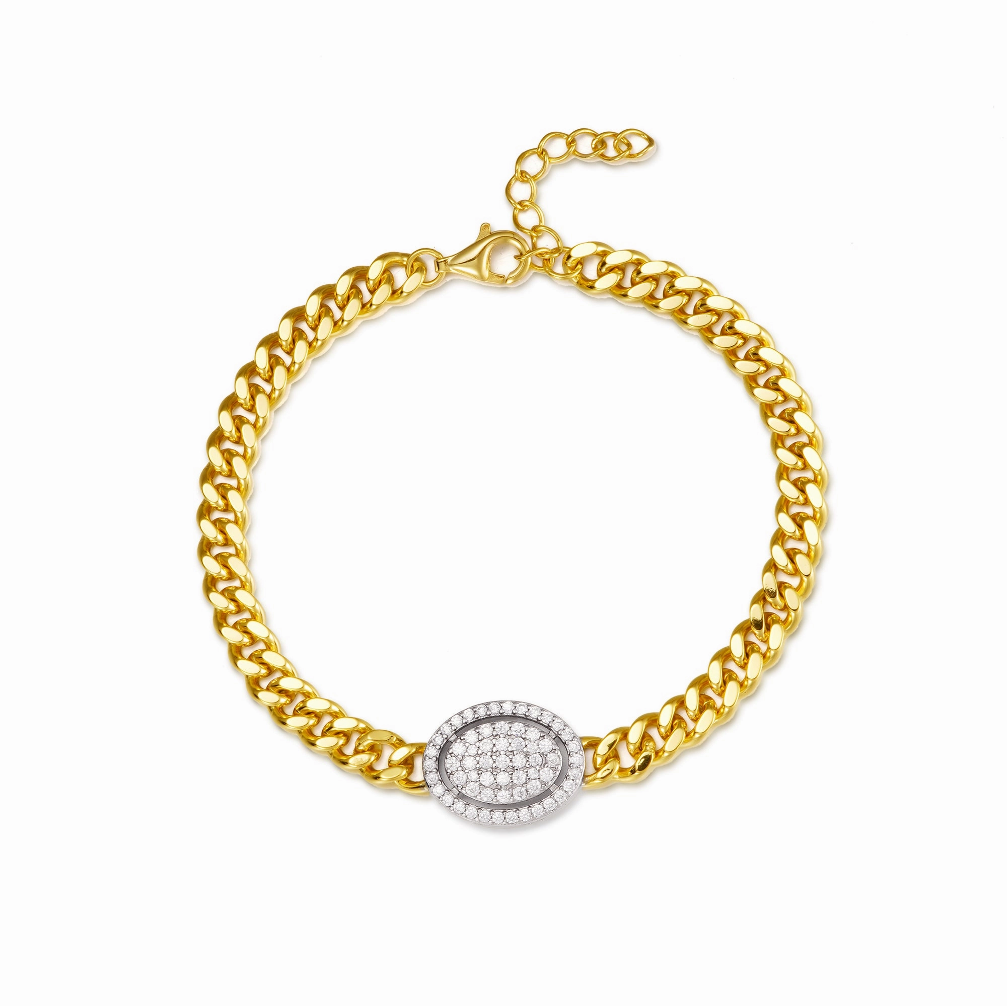 Elegant Pop Gold-plated Sterling Silver Link Chain With Center CZ Oval Bracelet