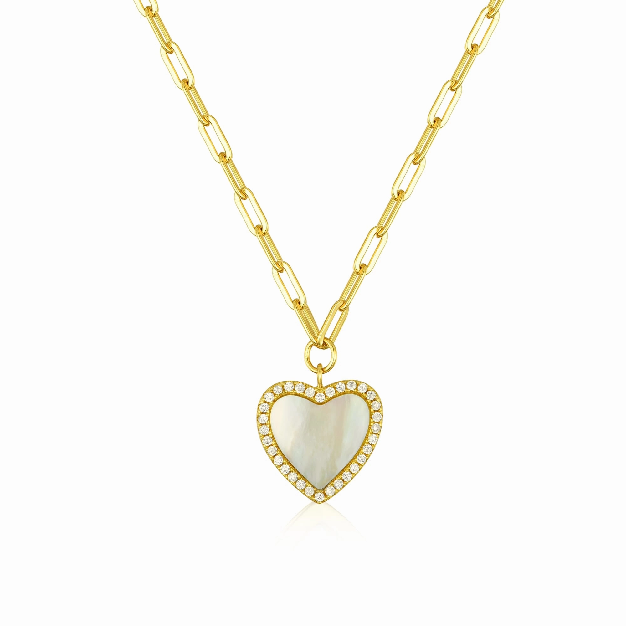 Gold Plated Sterling Silver Mother Of Pearl Heart On Paperclip Chain Necklace Fashion Spark Lustrous Finish